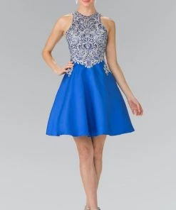 Cocktail Dresses Elizabeth K - GS1442 Embellished High Neck Lace A-Line Dress