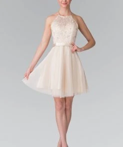 Elizabeth K - GS1465 Embroidered Halter Neck A-line Dress Cocktail Dresses