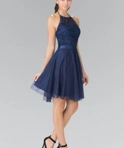 Elizabeth K - GS1465 Embroidered Halter Neck A-line Dress Cocktail Dresses