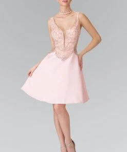 Elizabeth K - GS1469 Bejeweled Sleeveless A-line Short Dress