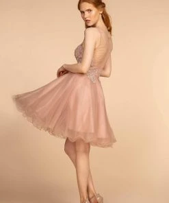 Elizabeth K - GS1607 Embroidered Bodice Illusion Tulle Cocktail Dress