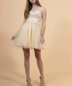 Elizabeth K - GS1607 Embroidered Bodice Illusion Tulle Cocktail Dress