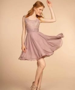 Cocktail Dresses Elizabeth K - GS1612 Embroidered Pleated Waist Cocktail Dress