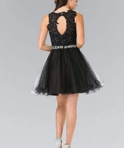 Elizabeth K - GS2375 Lace Illusion A-Line Tulle Short Dress Cocktail Dresses