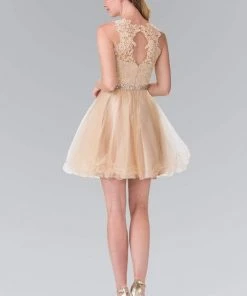 Elizabeth K - GS2375 Lace Illusion A-Line Tulle Short Dress Cocktail Dresses