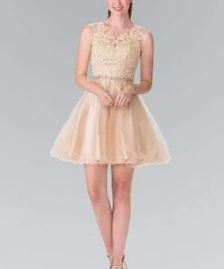 Elizabeth K - GS2375 Lace Illusion A-Line Tulle Short Dress Cocktail Dresses
