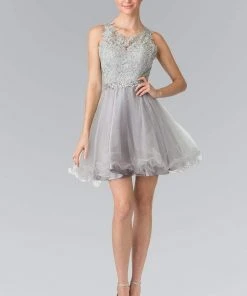 Elizabeth K - GS2375 Lace Illusion A-Line Tulle Short Dress Cocktail Dresses