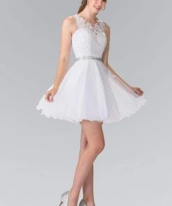 Elizabeth K - GS2375 Lace Illusion A-Line Tulle Short Dress Cocktail Dresses