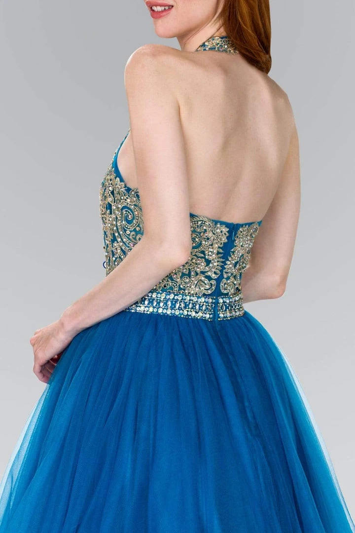 Cocktail Dresses Elizabeth K - GS2382 Gold Applique Halter V-neck Tulle A-line Dress 8 Cocktail Dresses Elizabeth K - GS2382 Gold Applique Halter V-neck Tulle A-line Dress