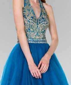 Cocktail Dresses Elizabeth K - GS2382 Gold Applique Halter V-neck Tulle A-line Dress 12 Cocktail Dresses Elizabeth K - GS2382 Gold Applique Halter V-neck Tulle A-line Dress