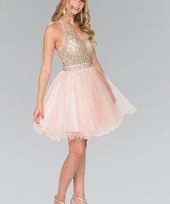 Cocktail Dresses Elizabeth K - GS2382 Gold Applique Halter V-neck Tulle A-line Dress