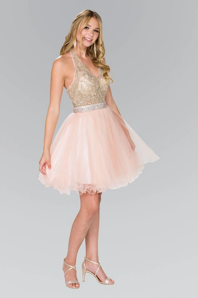 Cocktail Dresses Elizabeth K - GS2382 Gold Applique Halter V-neck Tulle A-line Dress 3 Cocktail Dresses Elizabeth K - GS2382 Gold Applique Halter V-neck Tulle A-line Dress
