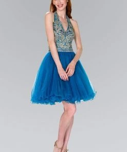 Cocktail Dresses Elizabeth K - GS2382 Gold Applique Halter V-neck Tulle A-line Dress 10 Cocktail Dresses Elizabeth K - GS2382 Gold Applique Halter V-neck Tulle A-line Dress