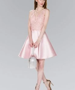 Elizabeth K - GS2387 Appliqued Illusion Bodice Mikado Dress Cocktail Dresses