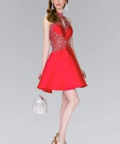 Elizabeth K - GS2390 Embellished Lace High Halter Mikado A-line Dress