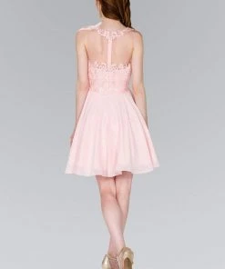 Elizabeth K - GS2394 Lace Applique Scoop Chiffon A-line Dress Cocktail Dresses