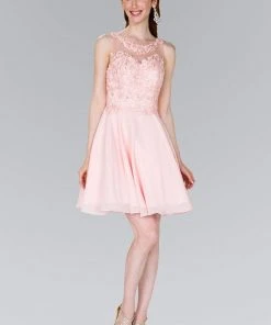 Elizabeth K - GS2394 Lace Applique Scoop Chiffon A-line Dress Cocktail Dresses