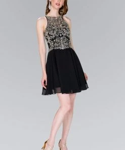 Elizabeth K - GS2395 Jewel Adorned Illusion Chiffon Dress Cocktail Dresses