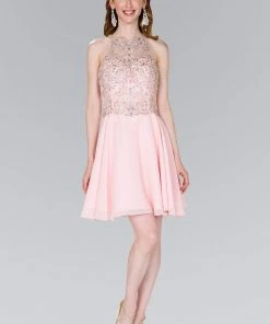 Elizabeth K - GS2395 Jewel Adorned Illusion Chiffon Dress Cocktail Dresses