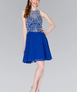 Elizabeth K - GS2395 Jewel Adorned Illusion Chiffon Dress Cocktail Dresses