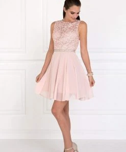 Elizabeth K - GS2410 Diamond Cutout Back Lace Chiffon Cocktail Dress Cocktail Dresses