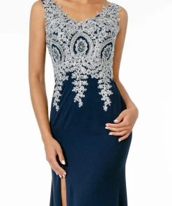 Elizabeth K - Metallic Lace Appliqued Bodice Dress GL1839 - 1 Pc Navy/Silver In Size L Available 8 Elizabeth K - Metallic Lace Appliqued Bodice Dress GL1839 - 1 Pc Navy/Silver In Size L Available
