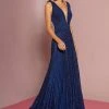 Formal Gowns Elizabeth K - Pleated Deep V-Neck A-line Dress GL2687 - 1 Pc Navy In Size S Available 1 Formal Gowns Elizabeth K - Pleated Deep V-Neck A-line Dress GL2687 - 1 Pc Navy In Size S Available