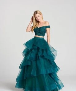 Ellie Wilde - EW118040 Two-Piece Lace Off-Shoulder Tiered A-Line Gown Formal Gowns