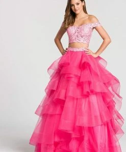 Ellie Wilde - EW118040 Two-Piece Lace Off-Shoulder Tiered A-Line Gown Formal Gowns