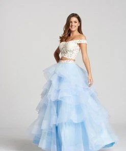 Ellie Wilde - EW118040 Two-Piece Lace Off-Shoulder Tiered A-Line Gown Formal Gowns