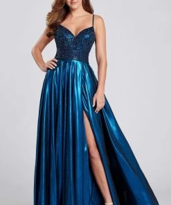 Ellie Wilde - EW120107 Beaded Plunging V-neck A-line Gown Formal Gowns