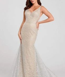 Ellie Wilde - EW120123 Embroidered Deep V-neck Mermaid Dress Formal Gowns