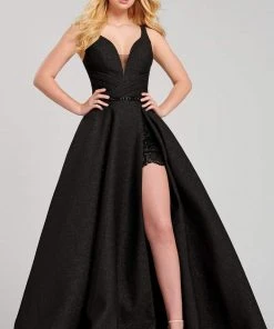 Ellie Wilde - Glitter Pleat Ornate High Slit Ballgown EW120071 - 1 Pc Black In Size 6 Available Formal Gowns