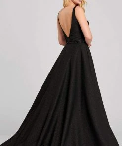 Ellie Wilde - Glitter Pleat Ornate High Slit Ballgown EW120071 - 1 Pc Black In Size 6 Available Formal Gowns