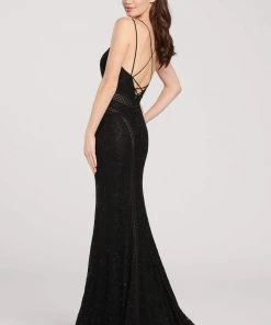 Formal Gowns Ellie Wilde - Strappy Illusion Cutout Trimmed Evening Dress EW119143 - 1 Pc Black In Size 2 Available