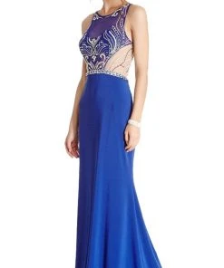 Plus Size Dresses Aspeed Design - Embellished Sheer Halter Sheath Evening Dress