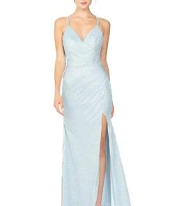 Eureka Fashion - 9933 Glitter Jersey V-neck Sheath Dress - 1 Pc Ice Blue In Size M Available