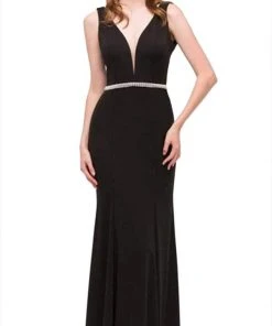 Eureka Fashion - Beaded Plunging V-neck Jersey Evening Dress Formal Gowns