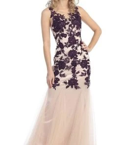 Eureka Fashion - Illusion Bateau Floral Embroidered Trumpet Dress