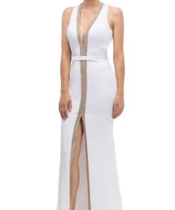 Formal Gowns Eureka Fashion - Plunging Gold Beading Fitted Evening Dress