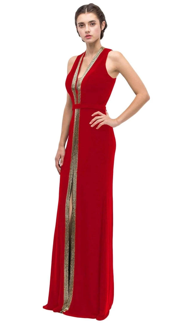 Formal Gowns Eureka Fashion - Plunging Gold Beading Fitted Evening Dress 8 Formal Gowns Eureka Fashion - Plunging Gold Beading Fitted Evening Dress