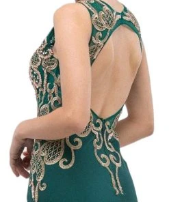 Eureka Fashion - Sleeveless Embroidered Gilt Lace Trumpet Evening Gown