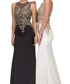 Eureka Fashion - Sleeveless Embroidered Gilt Lace Trumpet Evening Gown
