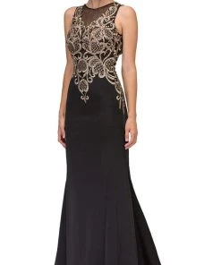 Eureka Fashion - Sleeveless Embroidered Gilt Lace Trumpet Evening Gown