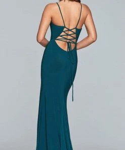 Formal Gowns Faviana - 7977 Long Jersey V-neck With Illusion And Adjustable Lace-up Back