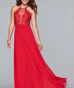 Faviana Formal Gowns- Lace Appliqued Illusion Halter Evening Dress S10203 - 1 Pc Navy In Size 2 Available