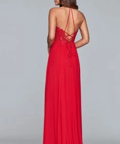 Faviana Formal Gowns- Lace Appliqued Illusion Halter Evening Dress S10203 - 1 Pc Navy In Size 2 Available