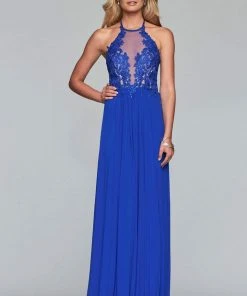 Faviana Formal Gowns- Lace Appliqued Illusion Halter Evening Dress S10203 - 1 Pc Navy In Size 2 Available