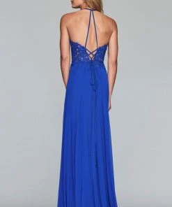 Faviana Formal Gowns- Lace Appliqued Illusion Halter Evening Dress S10203 - 1 Pc Navy In Size 2 Available