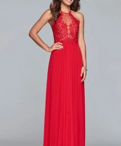 Faviana Formal Gowns- Lace Appliqued Illusion Halter Evening Dress S10203 - 1 Pc Navy In Size 2 Available